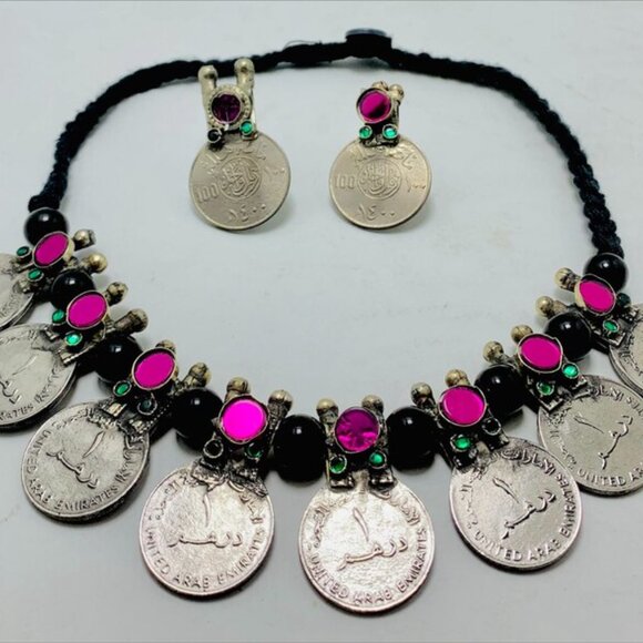 Vintage Coins Necklace With Earrings, Coins Jewelry Set With Glass Stones - Picture 10 of 11